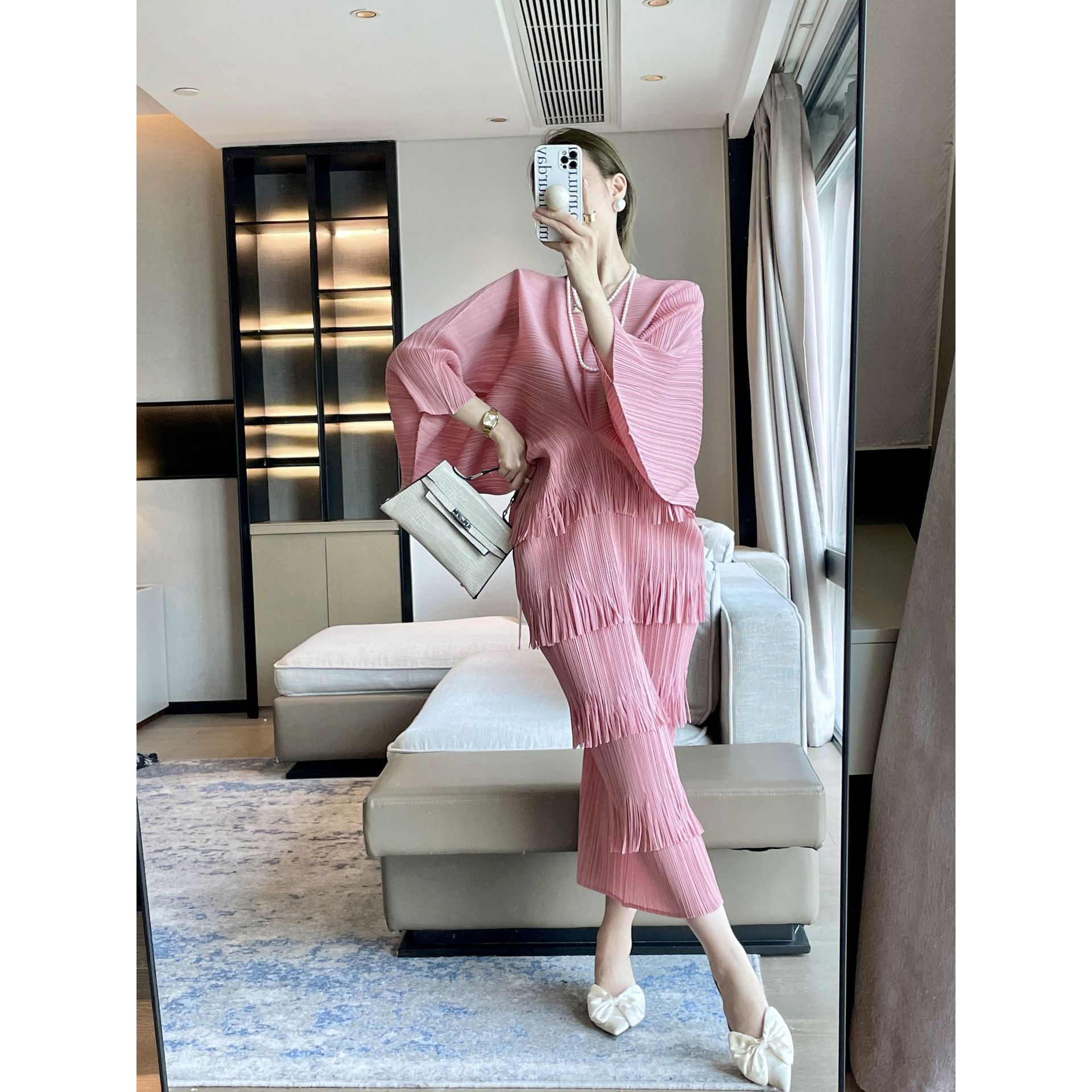 Miyake Pleated Batwing Sleeve Flab Hiding Tassel Dress Elegant Lady Dress #91967