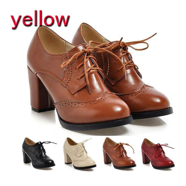 Patent Leather Women Oxfords British Square High Heel Casual Lace Ladies Brogue Shoes Woman