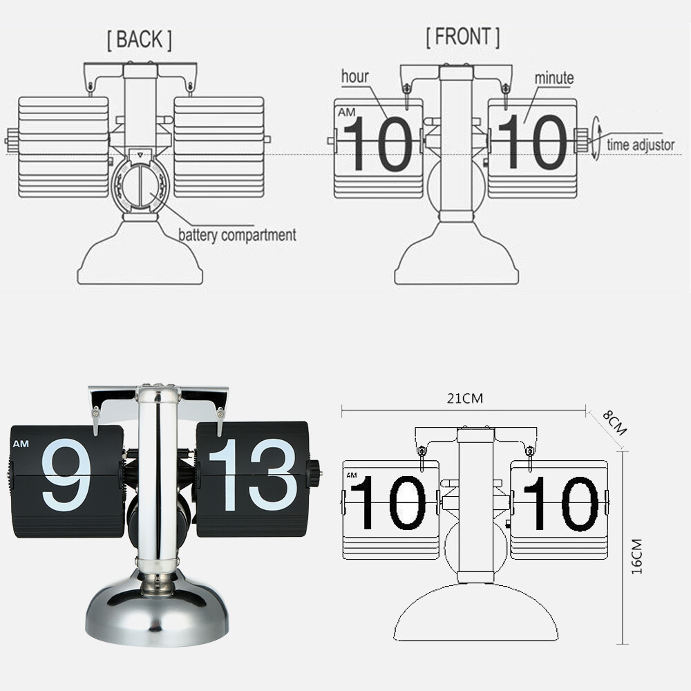Quy Mô Nhỏ Đồng Hồ Để Bàn Retro Flip Trên Đồng Hồ Thép Không Gỉ Lật Nội Bộ Bánh Răng Hoạt Động Đồng Hồ Thạch Anh Đen/Trắng