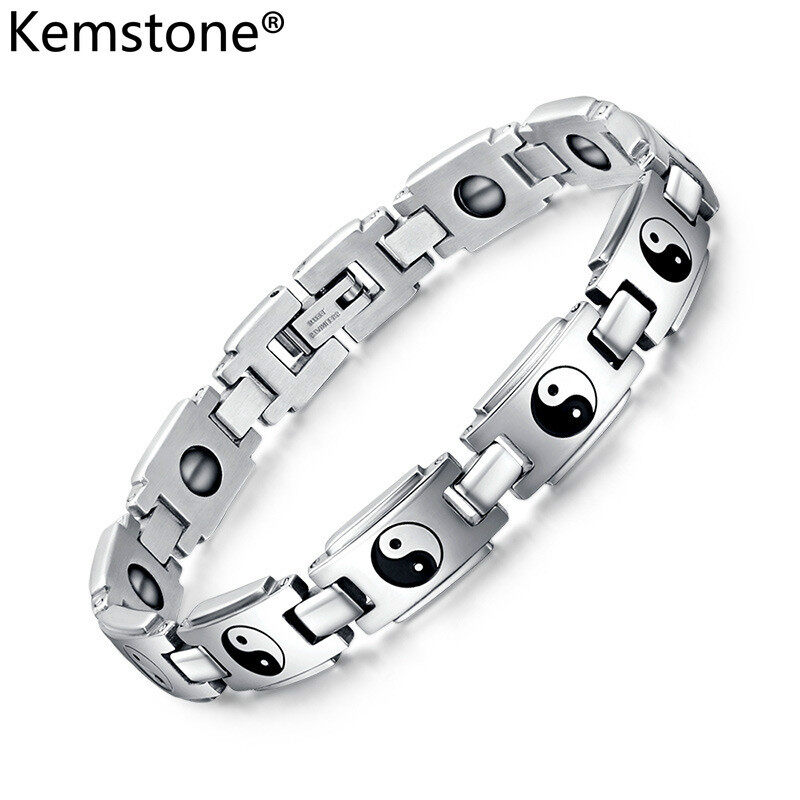 Kemstone 10MM Vintage Silver Plated Men's Religious Black Stone Titanium Steel Bracelet