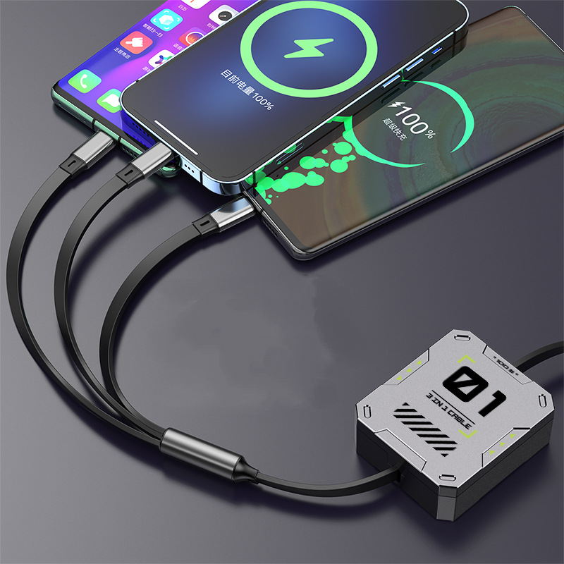 6A Super fast-charging retractable three-in-one data cable One-to-three fast-charging mecha wind charging cable