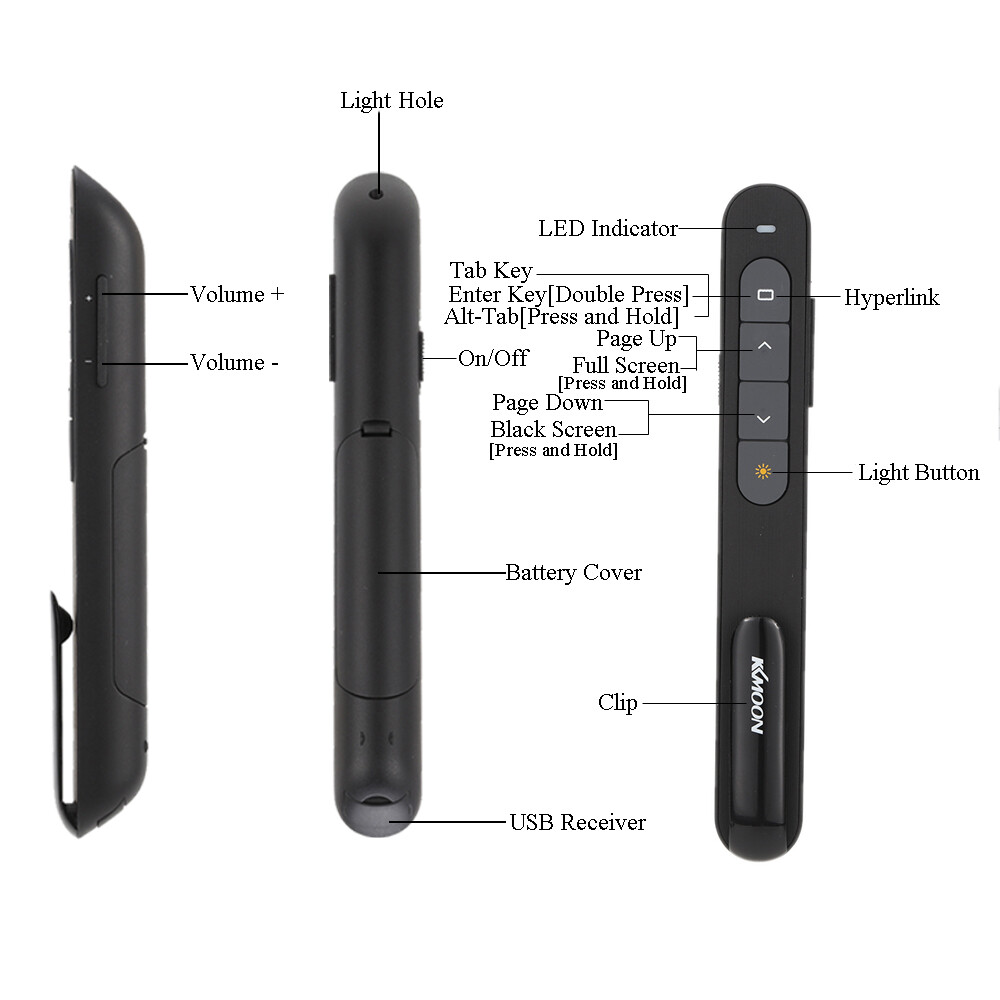 KKmoon 2.4GHz Nút Bấm PowerPoint Không Dây Điều Khiển Từ Xa Con Trỏ Bút Lật Máy Chiếu PPT Cầm Tay Unibody Phạm Vi Kiểm Soát 10M Hỗ Trợ Điều Khiển Âm Lượng Hyperlink, Có Đầu Thu USB