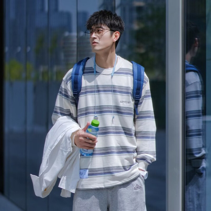EERSHENSHI Men's round neck pullover hooded striped sweatshirt Retro Stripe Thin Sweatshirt