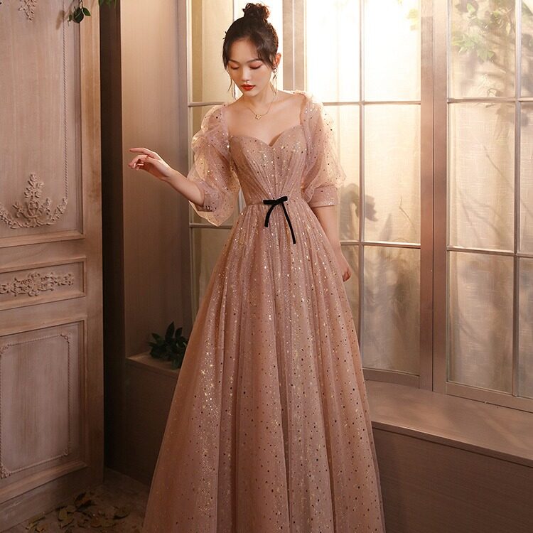 Gold  Sequins dress girl formal prom gown banquet host toast dress Bridal Lawn Wedding Dress birthday evening party dress costumes prom gown