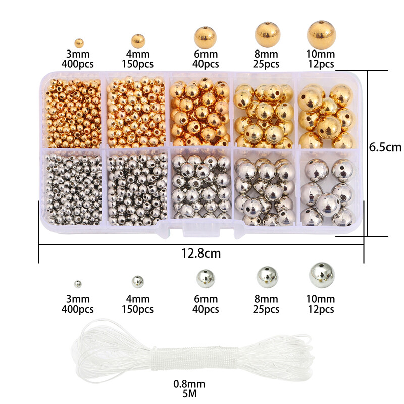 1250pcs/Box Mixed 3/4/6/8/10mm Gold Silver CCB Round Ball Beads with Elastic String For Bracelet DIY Jewelry Making Beads Kit Accessories