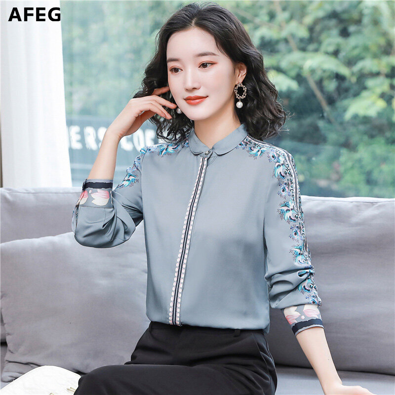 AFEG new style Korean women's long-sleeved printing elegant blouse for women