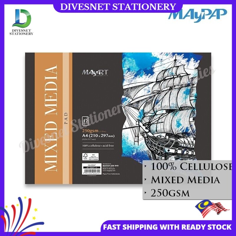 Mayart 12s 250g Mixed Media Paper Pad (Cellulose) Short Bound A3