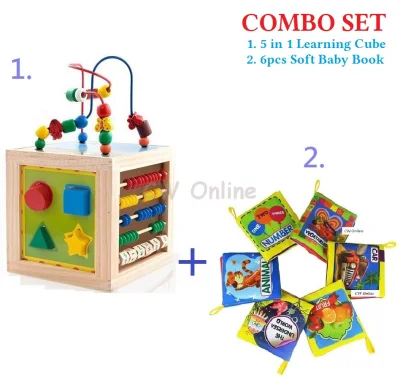 5 in 1 Activity Montessori learning Cube + 6 pcs Baby Toddler Early Frabic Soft Book Toy Toys