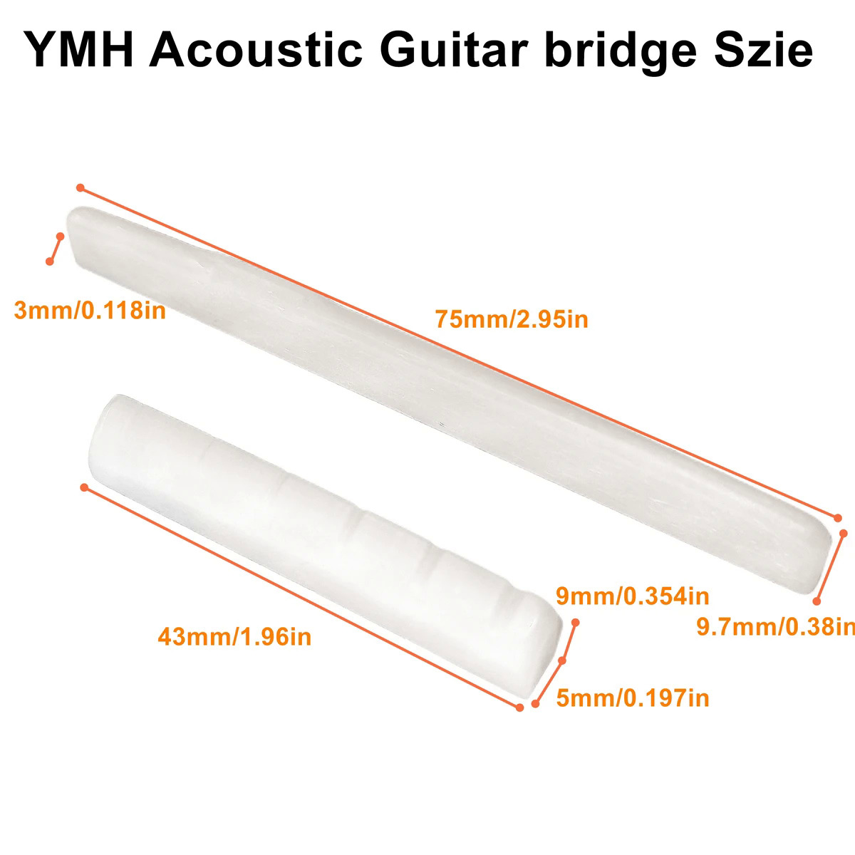 Guitar Bridge 1pairs 612 String Acoustic, Classical, YMH Real Bone Guitar Nut Saddle, Unbleached and White, Made of Bovine Bone