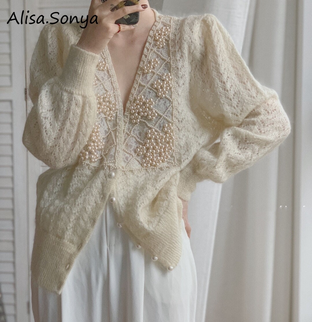 Women Cardigan Long Lantern Sleeve Button Through