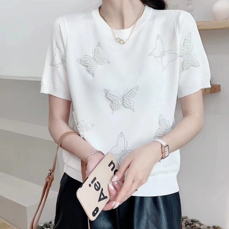 Summer Women's New Casual Versatile Lazy Style Hot Diamond Butterfly Studded Bead Thin Short Sleeve T-shirt