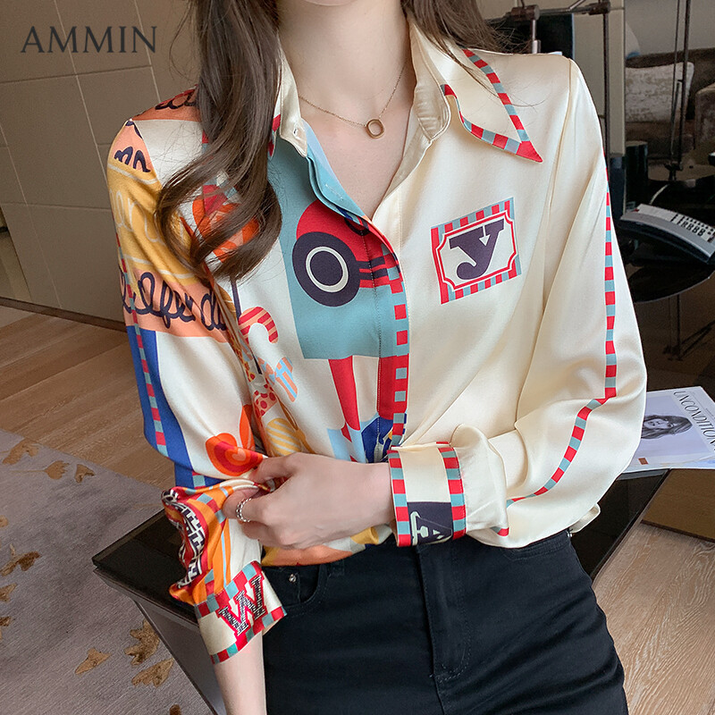 AMMIN Long Sleeve Silk Printed Shirt For Women Long Sleeve Mulberry Silk New Fashion Blouse Lady Temperament Printed Blouse