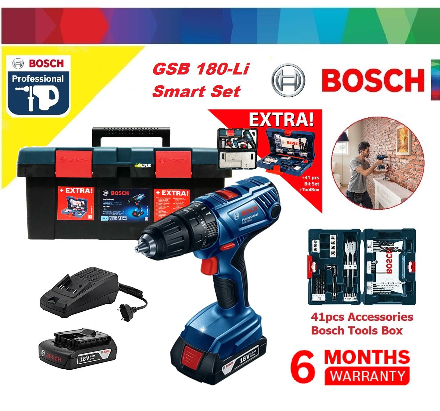 Bosch GSB 180Li Cordless Hammer Drill + Smart Tools Box Set Lazada
