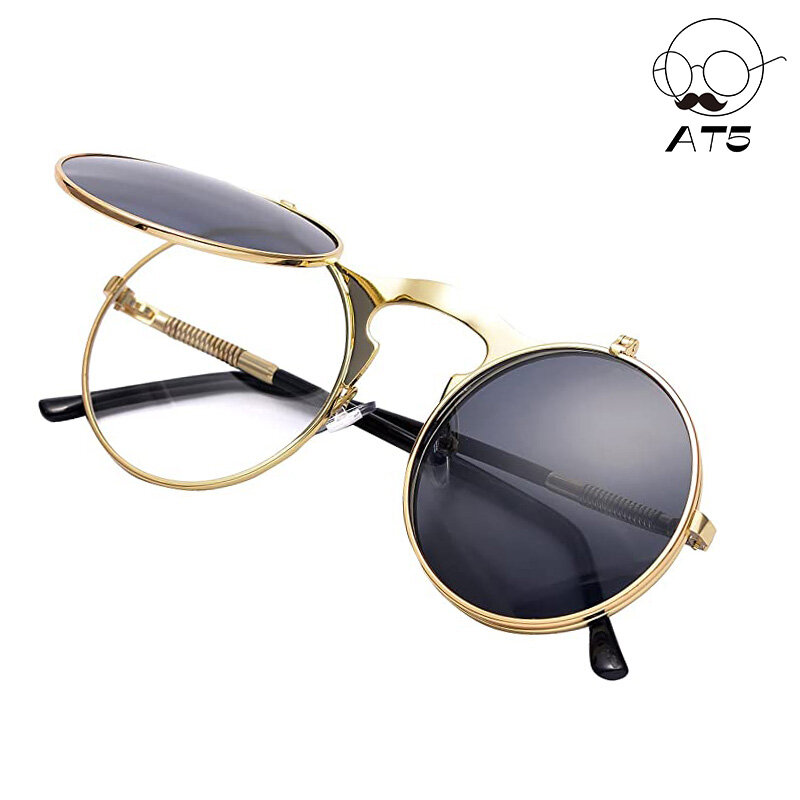 Vintage Steampunk Flip Sunglasses Retro Shades For Men Round Metal Frame Sun Glasses for Men Women Circle Glasses