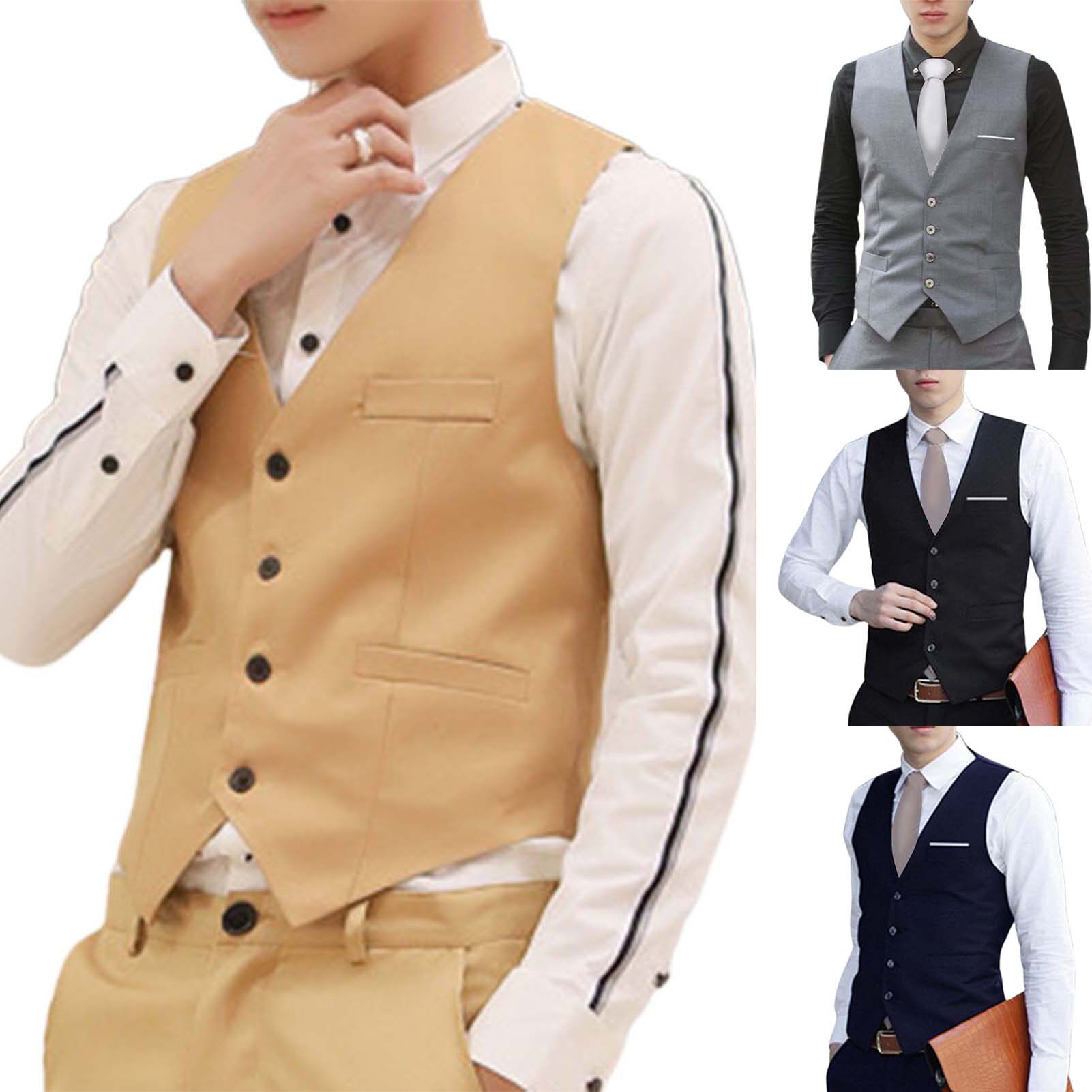 wenchengbo®Men Waistcoat Solid Color Slim Single-breasted Formal Spring Vest for Work