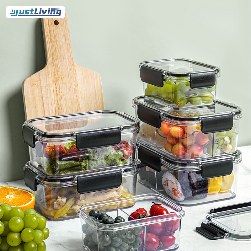 JustLiving Refrigerator Sealed Storage Box with Lid Dividable Fresh-keeping Container Transparent Food Storage Box Fruit and Vegetable Bento Box Portable Lunch Box