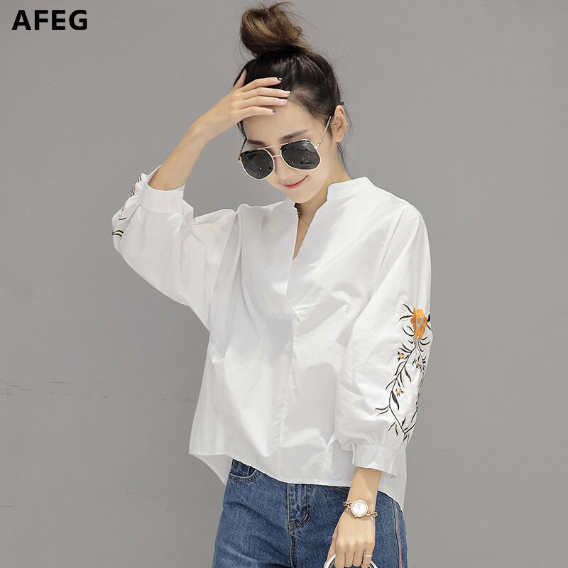 AFEG Korean Embroidery Blouses Large Size Casual 3/4 Sleeve White Shirts Women Loose Clothing