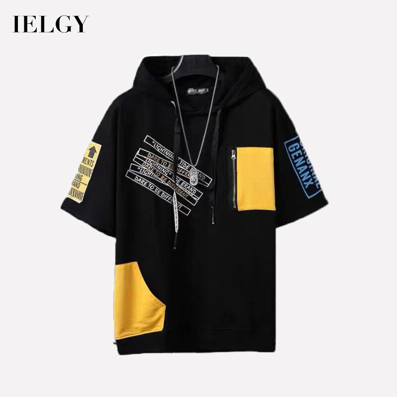 IELGY Korean version hooded top loose letters fashion Trend short-sleeved hip-hop sports t-shirt