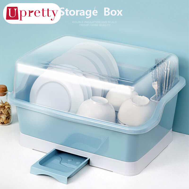 Upretty Kitchen Plastic Drain Bowl Rack With Cover Plastic Cupboard Put Dishes Tableware Storage Box Drying Dish Rack