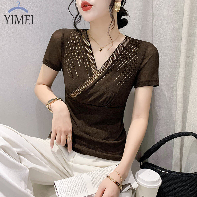 YIMEI Áo Thun Nữ Đẹp Quảng Châu Áo Phông Tay Ngắn Cổ Chữ V Kim Cương Nổi Bật Áo Phông Lưới Hở Áo Lót Cà Phê Thời Trang Nữ Ôm Vừa