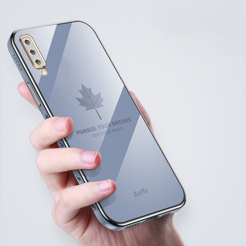 YBD Straight Edge Plating Phone case For Samsung Galaxy A7 2018 A750 Plus casing, Precise Camera Protection case a7 2018 Maple leaf pattern cover with Free lanyard