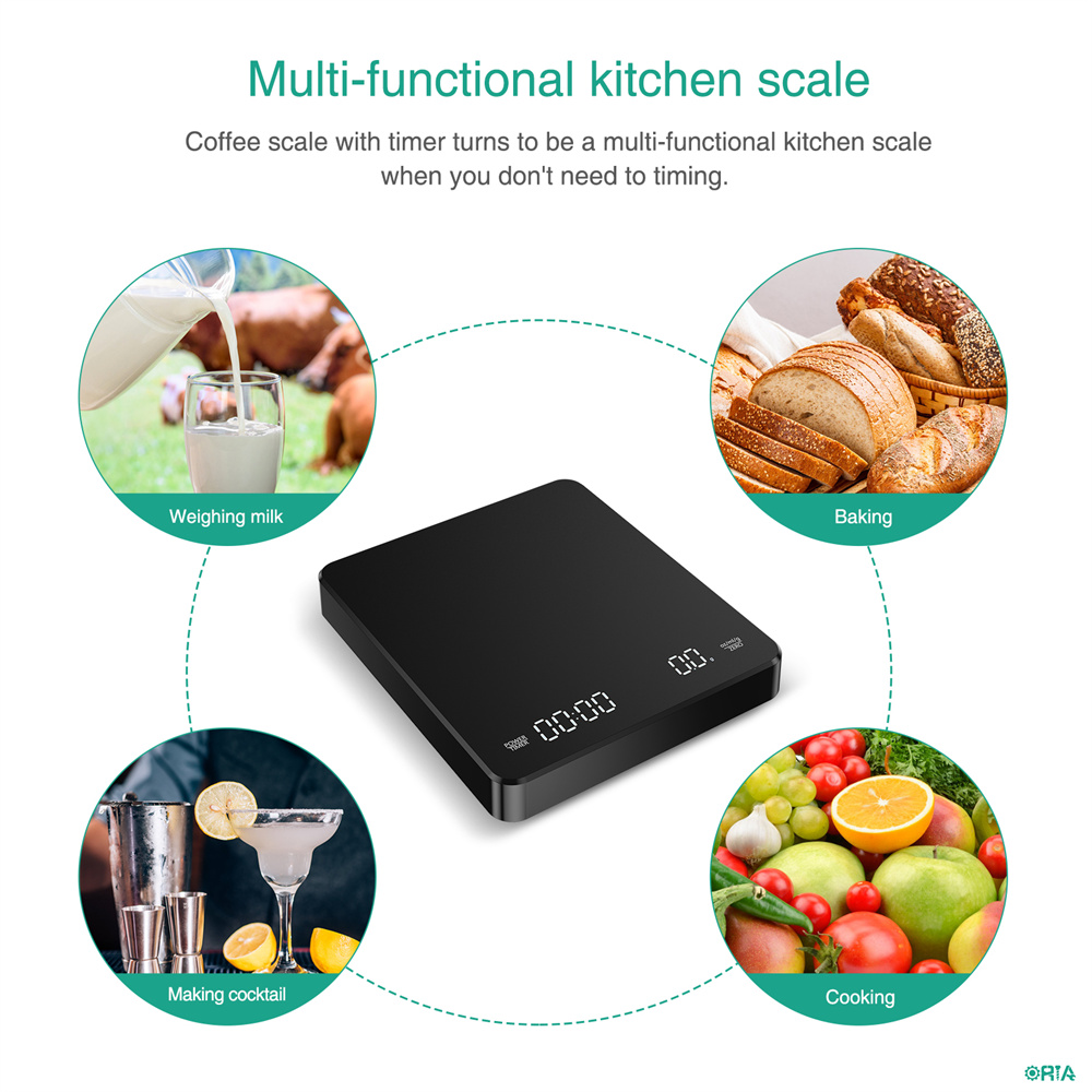 ORIA Digital Coffee Scale, Rechargeable Coffee Scale with Timer, 3kg/0.1g Drip Espresso Scale with Touch Sensor Operation and Invisible Screen, Measures in Grams, Ounces, and Milliliter Black