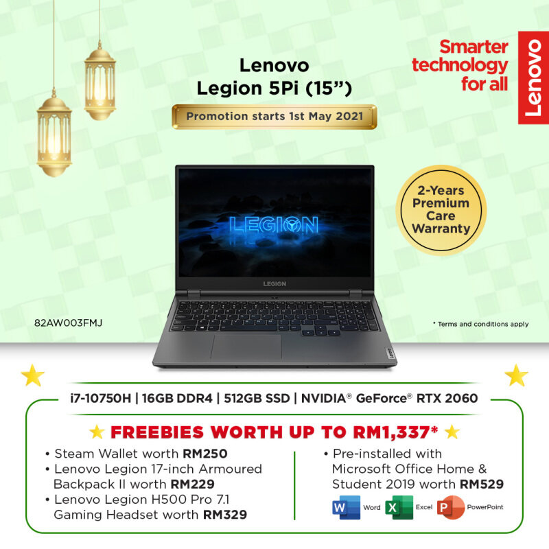 LENOVO LEGION 5P 15IMH05H 82AW003FMJ GAMING LAPTOP (I7-1075H,16GB,512GB SSD,156 FHD 144Hz,RTX 2060 6GB,WIN10) LEGION BACKPACK + PRE-INSTALLED OFFICE H&S 2019 Malaysia