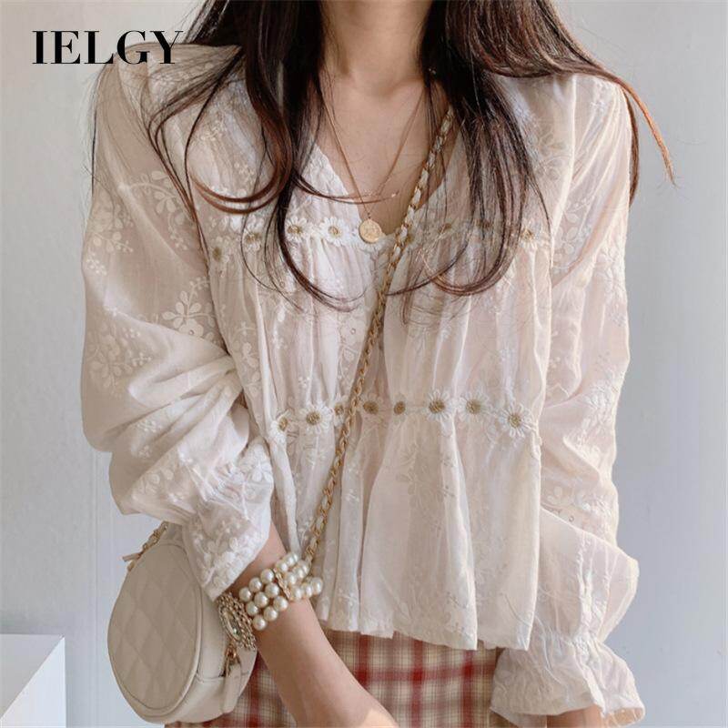 IELGY Women's clothes tops V-neck simple small daisies fashion white versatile long sleeves loose