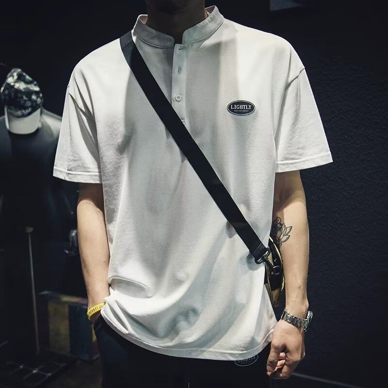 KYUSHUAD Solid color new men's simple literary polo shirt Stand collar slim business style short sleeves