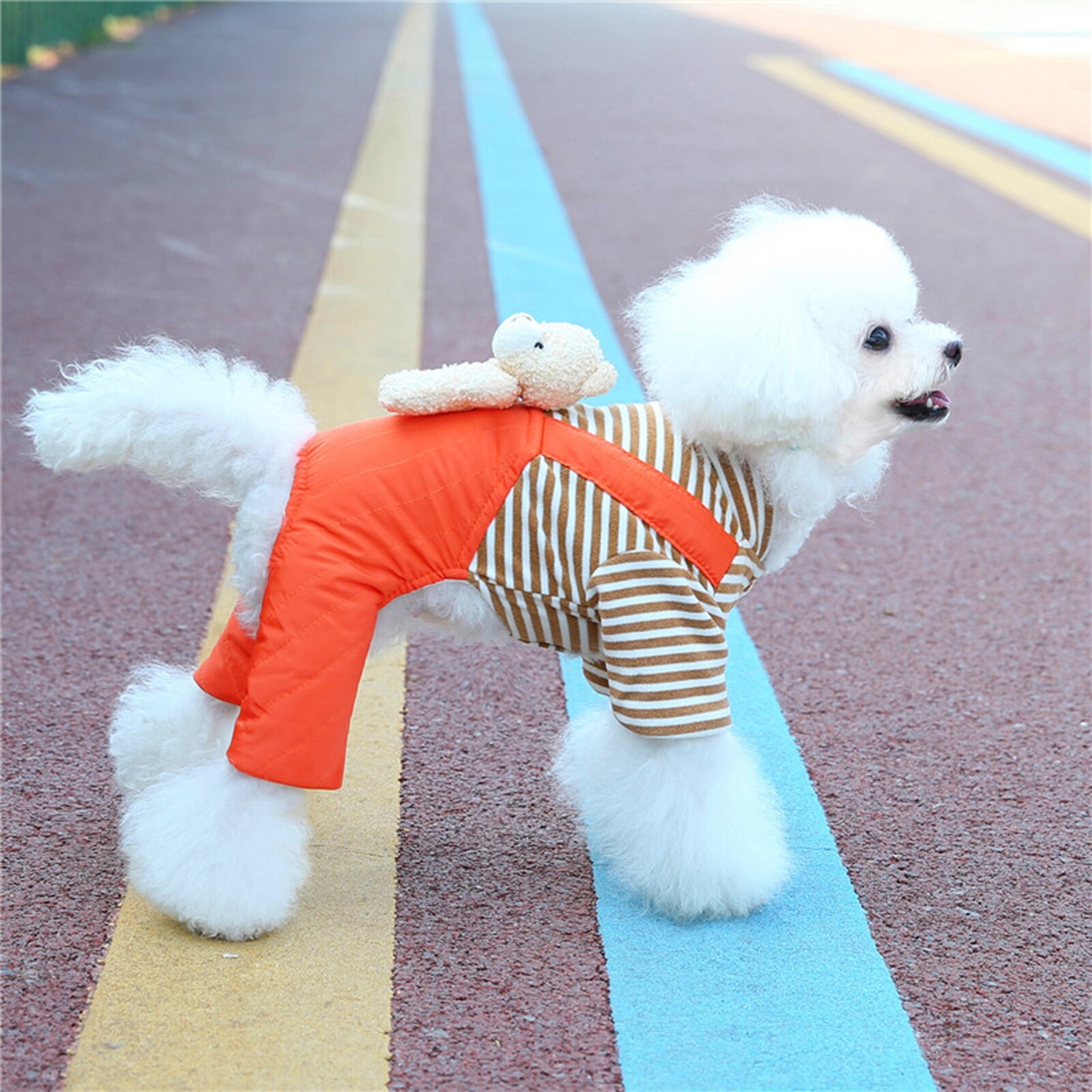 Pet Jumpsuit Super Soft Button Closure Cartoon Design Stripe Pattern Windproof Keep Warm Acrylic Fibers Winter Warm Four-Legged Pet Clothing with Bear Decor Pet Supplies