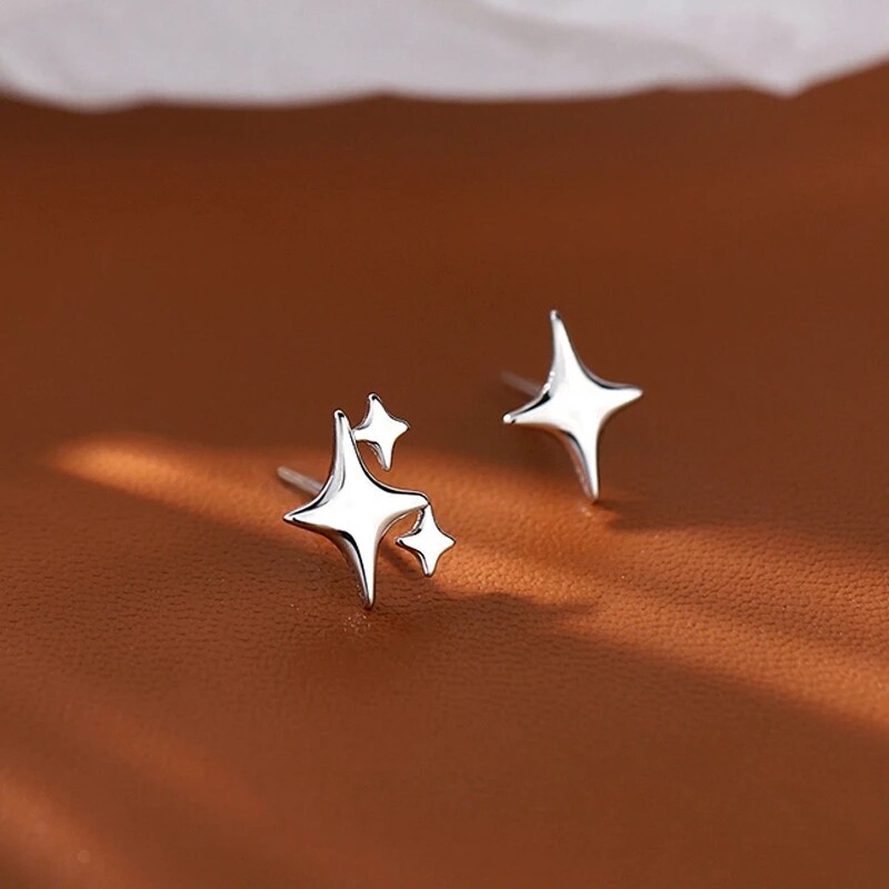 Silver Color Asymmetric Four-pointed Star Earrings for Women Super Fairy Stud Earring Simple Jewelry