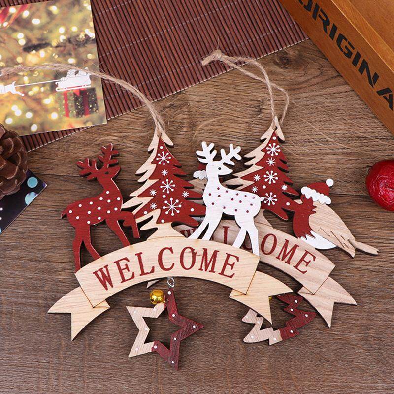 Hanging Elk Red Bead Xmas Tree Holiday Ornament Wooden Pendant Party Decoration