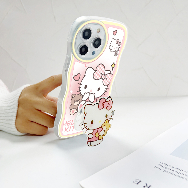 (With Free Holder) Jizetin Phone Casing For Xiaomi Redmi Note 10 Note 10S Note 10 Pro Note 10 5G Note 9 Note 8 Fashion Soft Wavy Phone Case Hello Kity Cat Cartoon Shockproof Cellphone Casing Full Cover Camera Protection