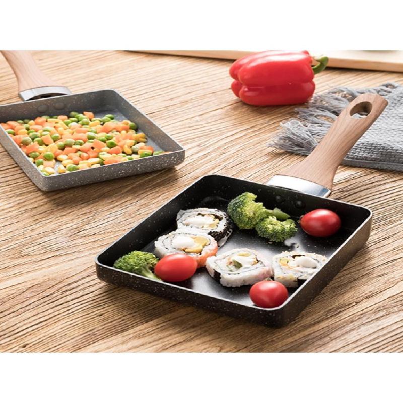 Chảo tráng trứng Tamagoyaki không dính hình chữ nhật có chất liệu đá Maifan, tích hợp tay cầm chống bỏng, dùng được với bếp gas và bếp điện - INTL