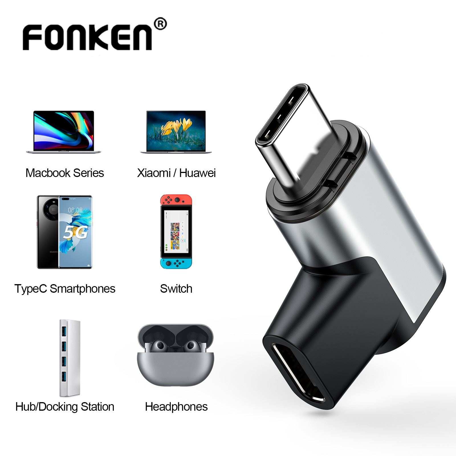 FONKEN Bộ Chuyển Đổi Loại C Hút Bên 24 Chân Bộ Chuyển Đổi Từ Tính Bộ Chuyển Đổi MacBook Sạc Nhanh PD100w, Bộ Chuyển Đổi Từ USB3.1 Truyền Video 4K, Hỗ Trợ Macbook/Huawei/Xiaomi Notebook/Mate9 Mate10 Mate 20