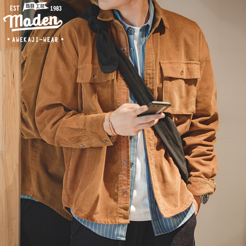 Maden brand 2024 spring new tooling style gentleman men youth Japanese retro loose lapel corduroy jacket single-breasted pocket outer wear dating party shirt