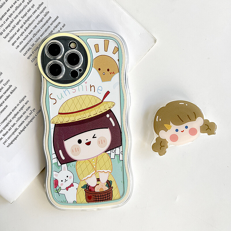UCUC (Free 8D Holder) Phone Case For iPhone 13 Pro Max 13 mini iPhone 11 Pro Max iPhone 14 Pro Max 14 Plus iPhone 12 Pro Max 12 mini iPhone11pro Casing For Girls Soft Wavy Case Cartoon Girl Shockproof Casing