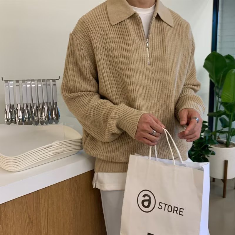 H half zipper sweater men's autumn winter style Japanese vintage high-end lazy lapel knitwear loose casual S86_voghion.com