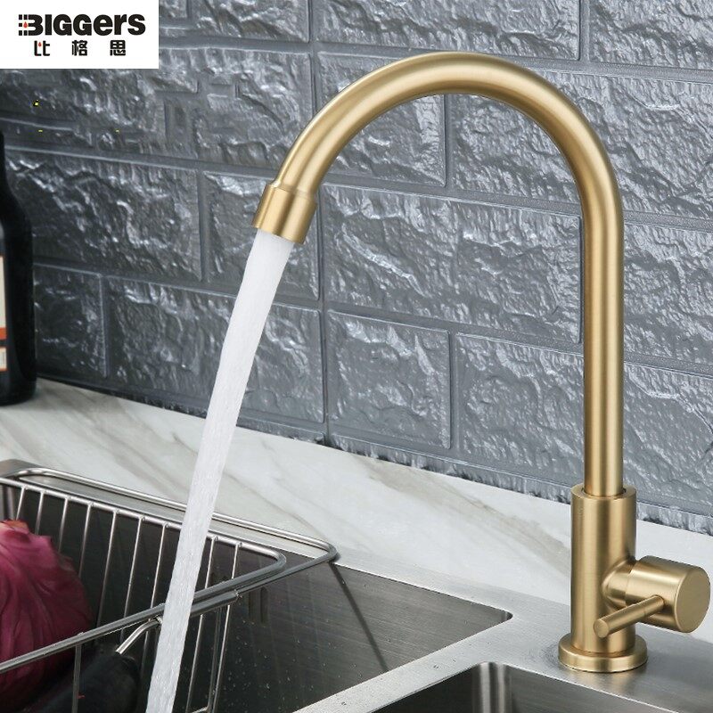 Biggers Brush Gold Color Deck Mounted Kitchen Faucet Sink Tap Single Cold Water Rotatable Stainless Steel Material