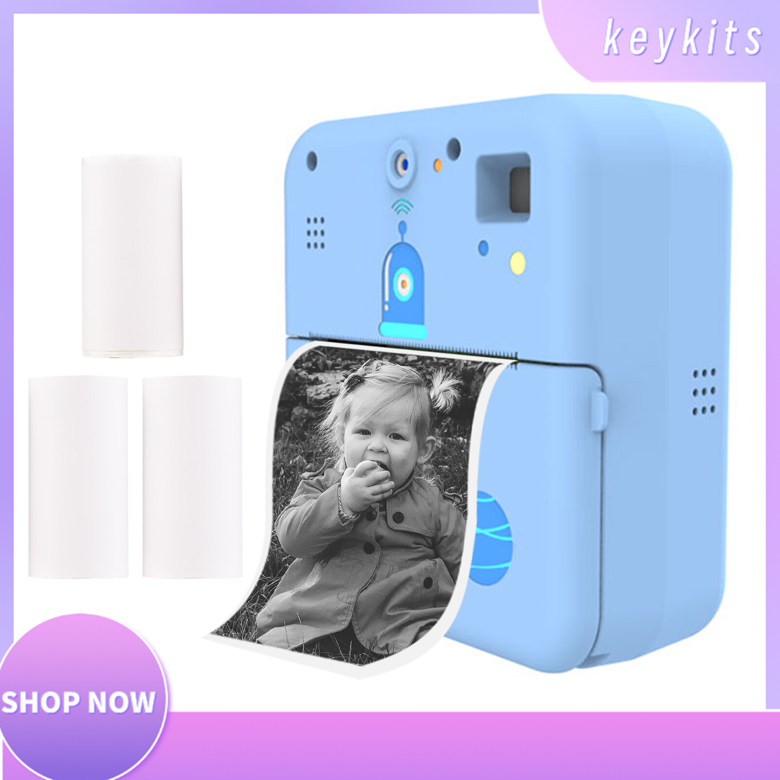 Keykits- Mini Pocket Printer Camera Instant Print Portable Thermal Printing Machine Wireless BT Connection for Picture Label DIY Handcraft List Meno Notes Journal Receipt Paper Sticker Compatible with Android iOS
