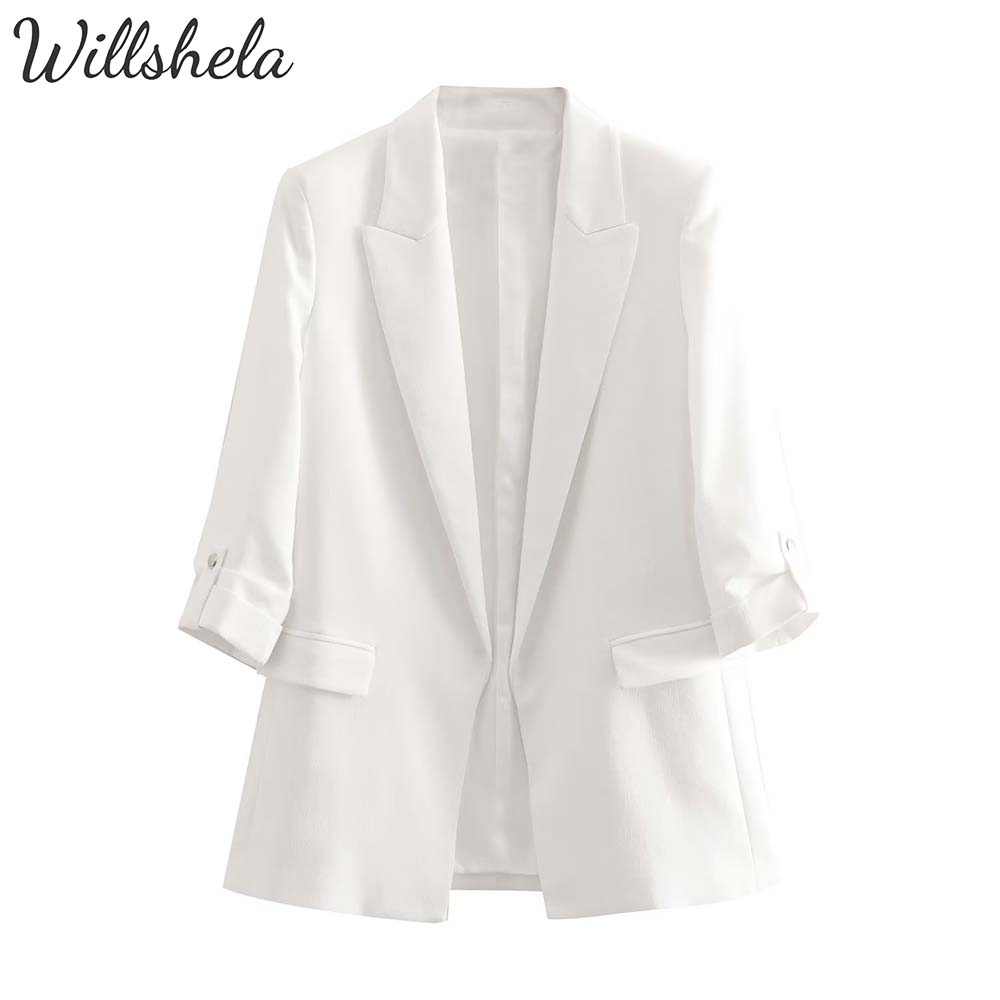Willshela ผู้หญิงแฟชั่นสีทึบ Slim Fit Blazer Notch Collar แขนยาว ...