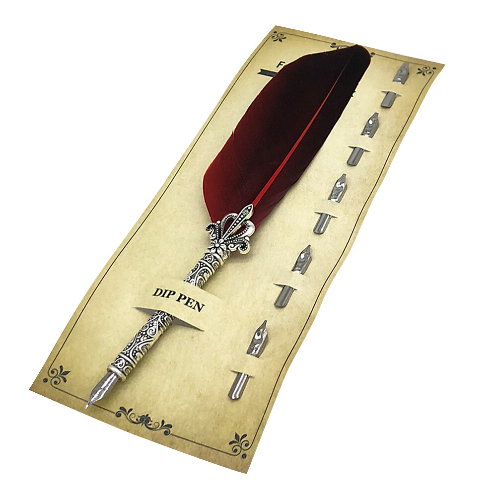 Retro Calligraphy Feather Dip Pen with 5 Nib Writing Ink Quill Fountain Pen