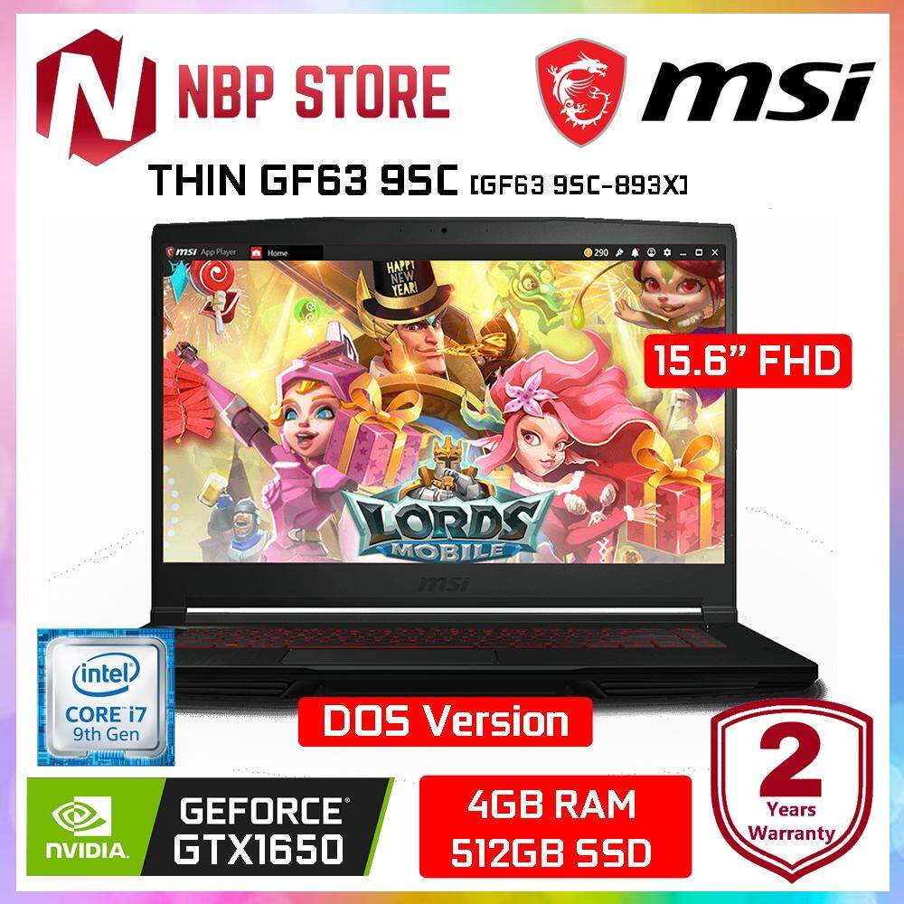 MSI THIN GF63 9SC-893X 15.6 FHD IPS Gaming Laptop Black ( i7-9750H, 4GB, 512GB SSD, GTX 1650 4GB, DOS ) Malaysia