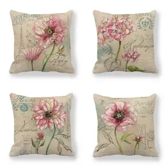 Set Of 4pcs Shabby Chic Pink Flowers And Eiffel Tower Sofa Throw
