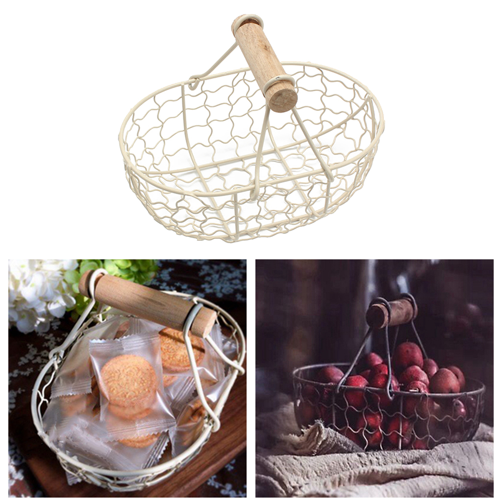 Fityle Iron Storage Basket Bread Fruit Basket with Wooden Handle Home Kitchen Desktop Organizer Snack Basket