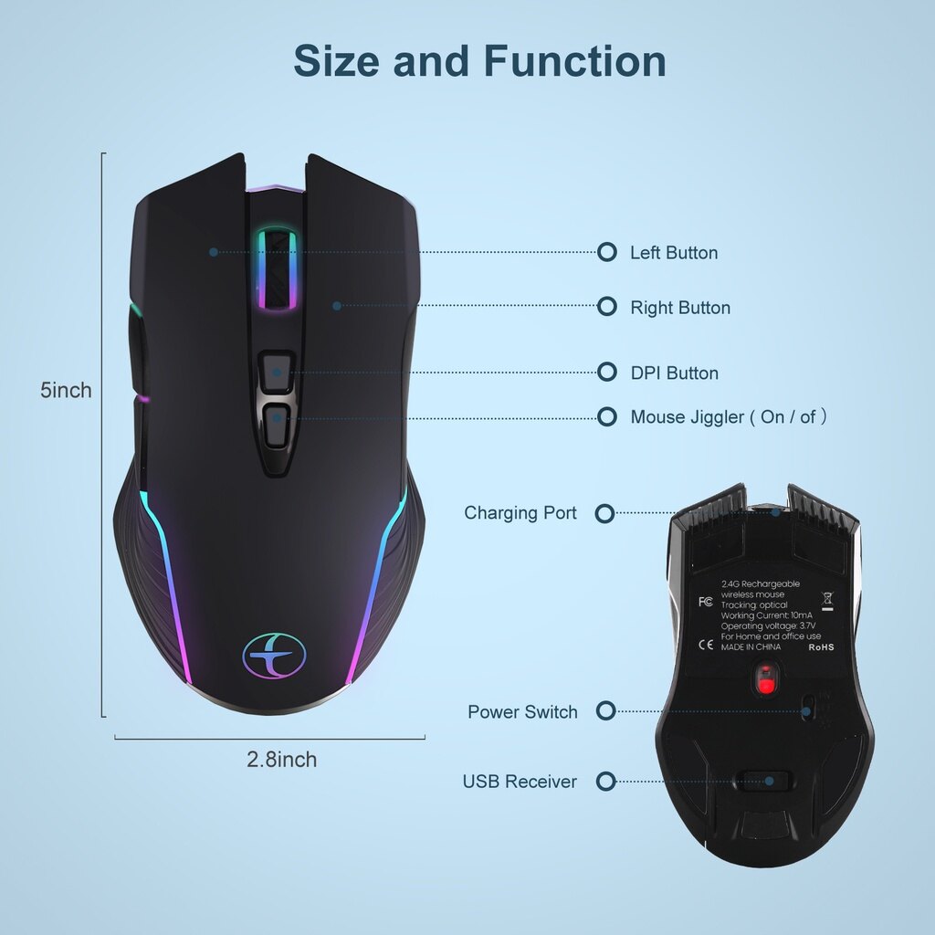 Type-C+USB 2.4Ghz Wireless Mouse with Usb C Receiver for Macbook Pro and Chromebook Backlit Wireless Mouse LED Silent Click
