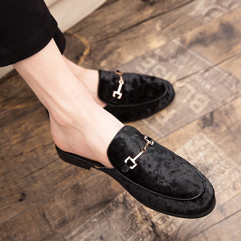 Men's Suede Leather Open Back Slip-On Dress Slippers Velvet Loafers Half  Shoes