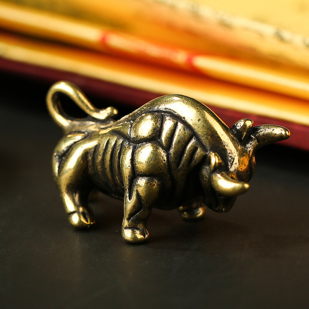 Small Brass Ornament Statue Accessories Vintage Animal Bull Cow DIY Desk