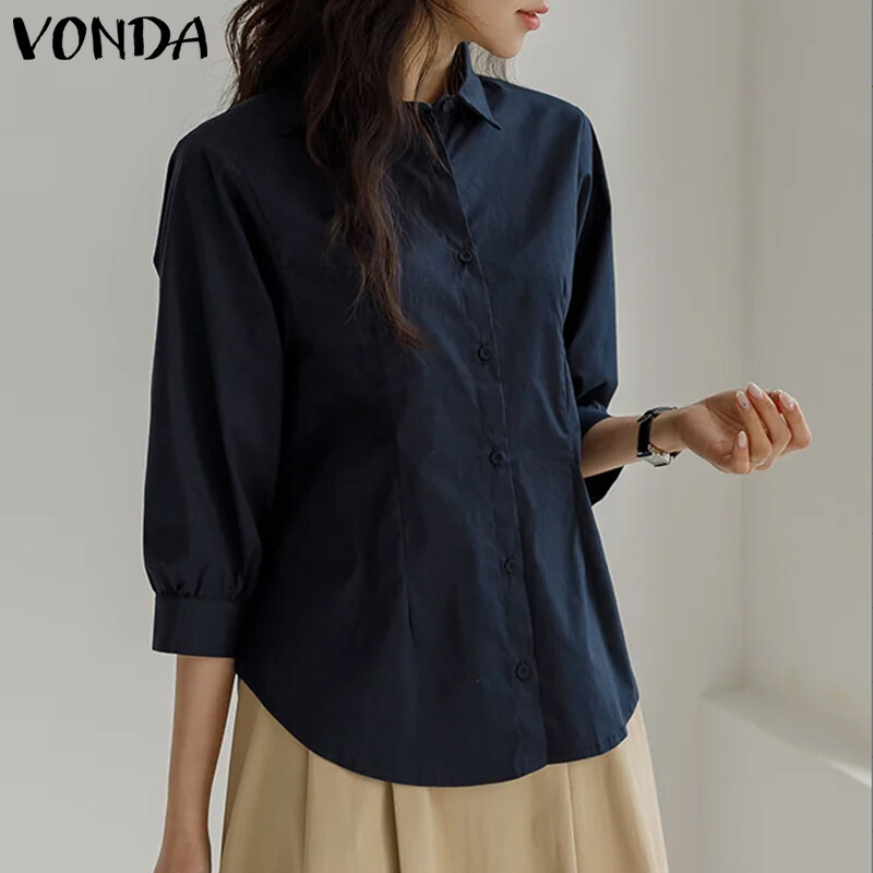 VONDA Women Casual Minimalist Lapel Botton Solid Color Shirt Commuting Mid-Sleeved Blouse