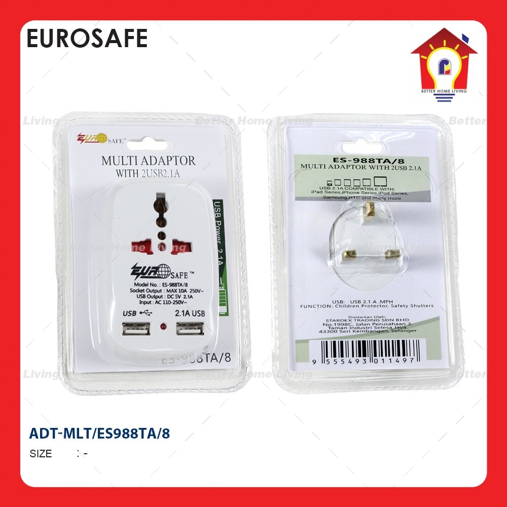 EUROSAFE ES-988TA/8 DUAL USB UNIVERSAL MULTI ADAPTER | Lazada
